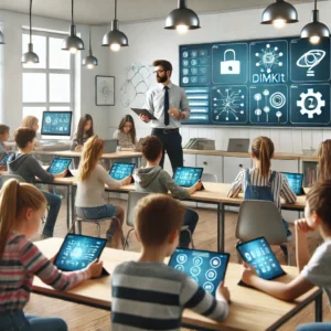 A teacher conducting a Gimkit session using collaborative question sets, with students actively engaged on their tablets in a modern, interactive classroom environment