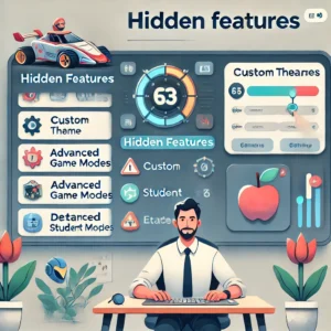 A modern teacher's dashboard on Gimkit showcasing hidden features like custom themes, advanced game modes, and detailed student analytics, with a teacher customizing game settings for classroom use