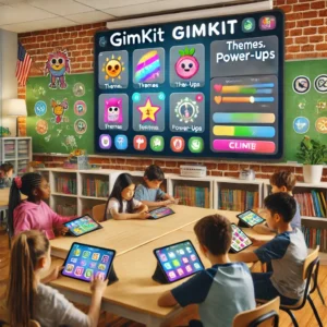 A vibrant classroom with a smartboard displaying Gimkit customization options like themes, power-ups, and engagement statistics, while students participate actively on tablets