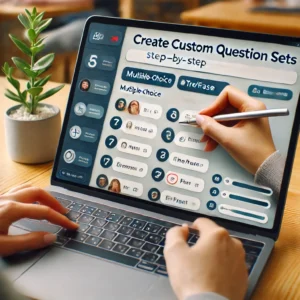 A teacher using Gimkit's editor to create custom question sets on a laptop with multimedia elements like images and audio for an interactive experience