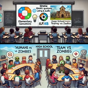 A split classroom view with an elementary session using simple Gimkit questions featuring images and audio, and a high school session with complex game modes like 'Humans vs. Zombies' for teamwork and critical thinking