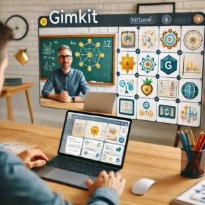 A virtual EdTech conference session focusing on Gimkit, with a teacher watching a tutorial on integrating Gimkit into lessons, featuring a professional layout and engaging visuals