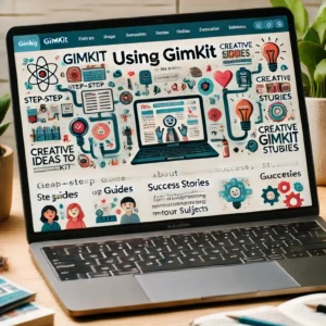 A blog page on a laptop featuring a detailed post about using Gimkit, with step-by-step guides, success stories, and creative ideas for integrating Gimkit into various subjects