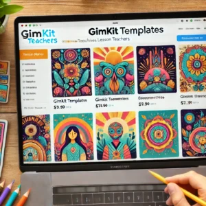 A webpage from Teachers Pay Teachers displaying Gimkit templates and lesson plans created by educators, featuring vibrant designs and detailed descriptions for classroom use