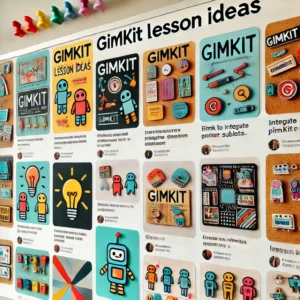 A Pinterest board showcasing Gimkit lesson ideas with colorful pins featuring creative themes, engaging visuals, and detailed descriptions of how to use Gimkit effectively