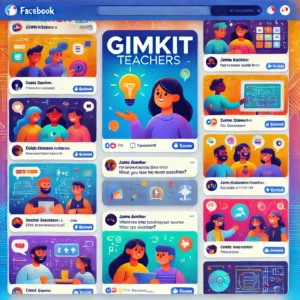 A Facebook group feed for Gimkit teachers, showing posts of educators sharing ideas, lesson plans, and questions, emphasizing collaboration and a supportive community