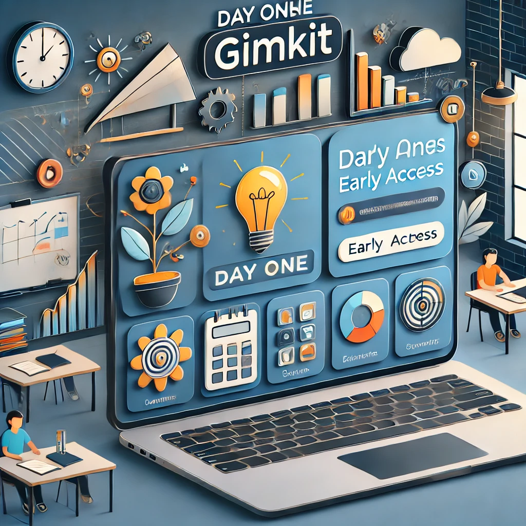 A creative illustration showcasing the Day One Gimkit dashboard with early access features highlighted for educators and students