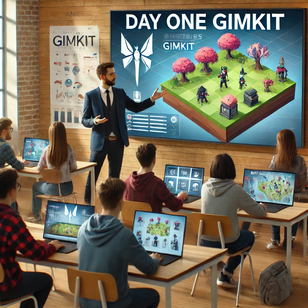 A teacher demonstrating advanced strategies for Day One Gimkit gameplay on a smartboard while students collaborate in groups