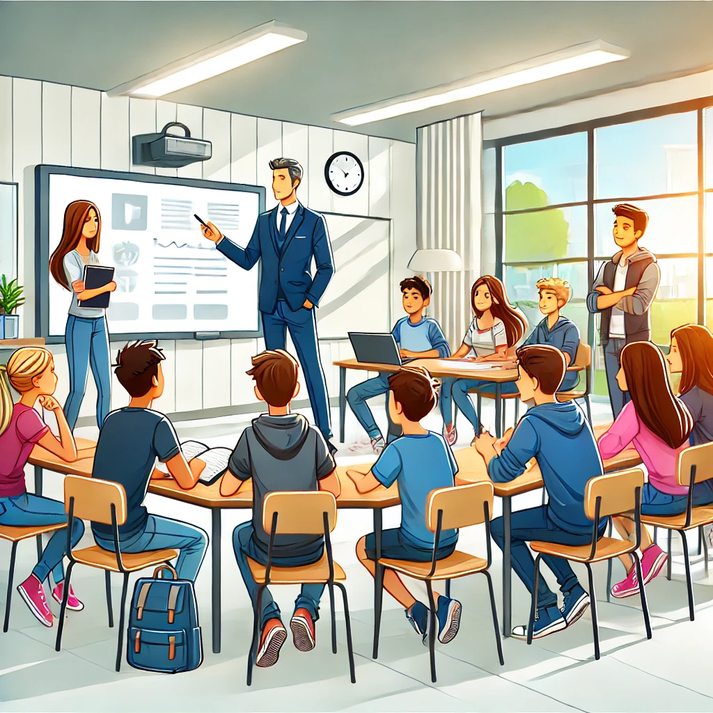 A classroom scene with students actively participating and a teacher engaging with the class, emphasizing the importance of student involvement in learning