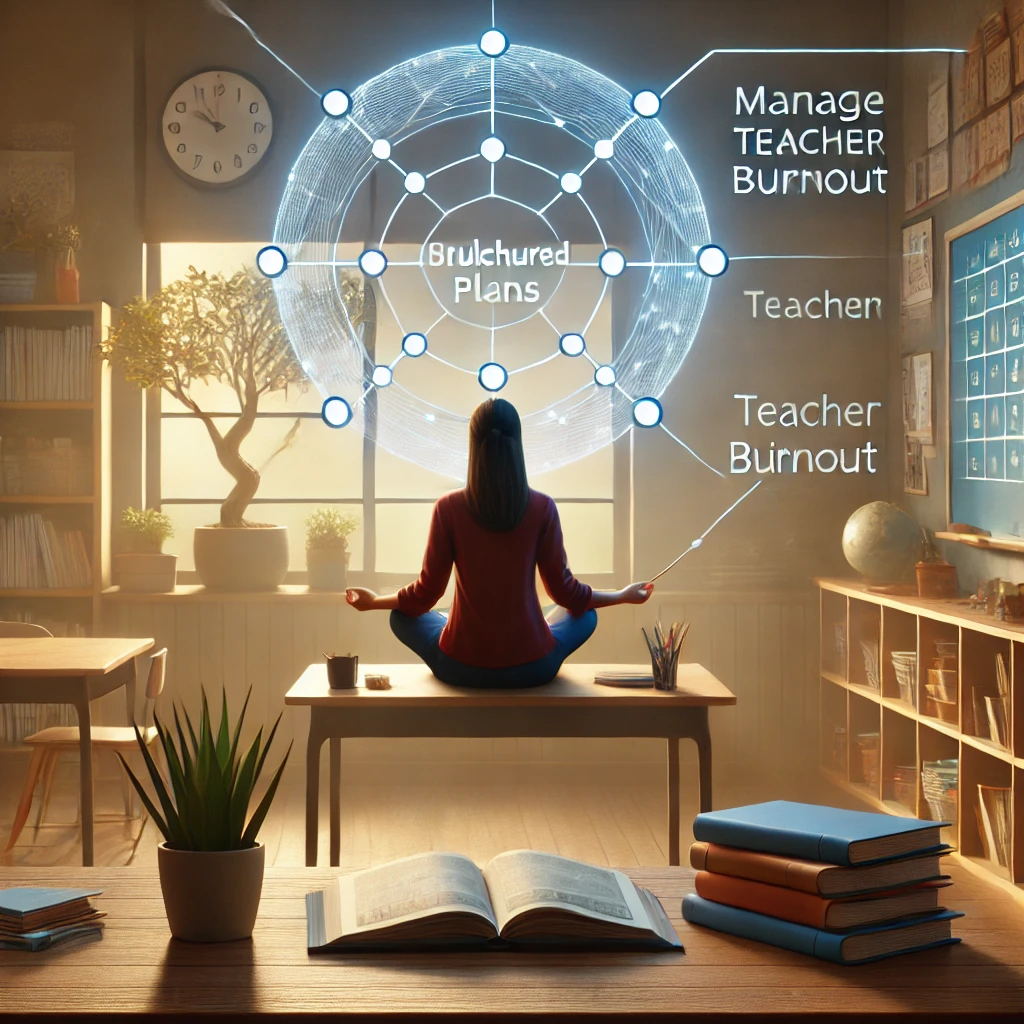 A teacher planning classroom activities with a calm and organized approach, focusing on one strategy at a time