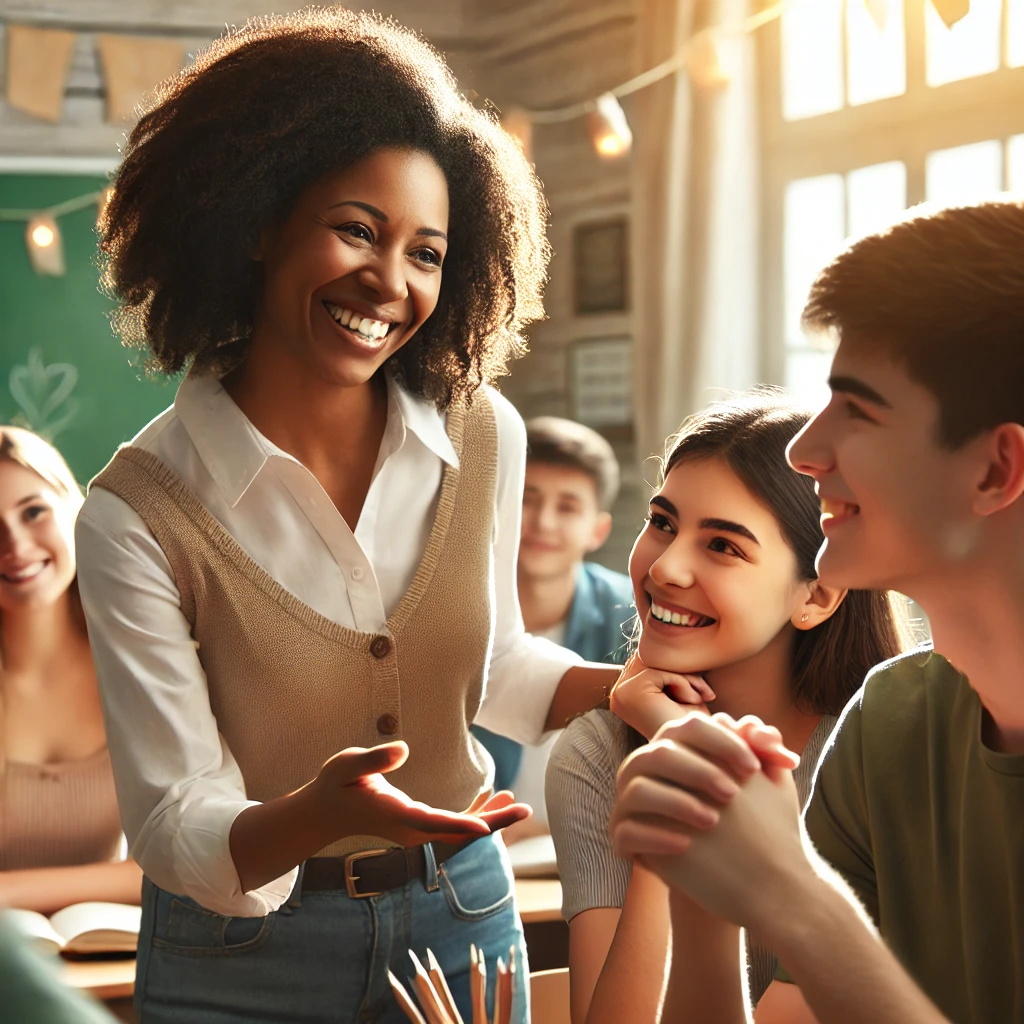 A teacher interacting warmly with students, fostering a trusting and supportive classroom environment