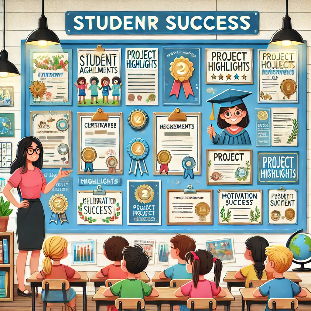 A classroom featuring a bulletin board showcasing student achievements and celebrating their efforts