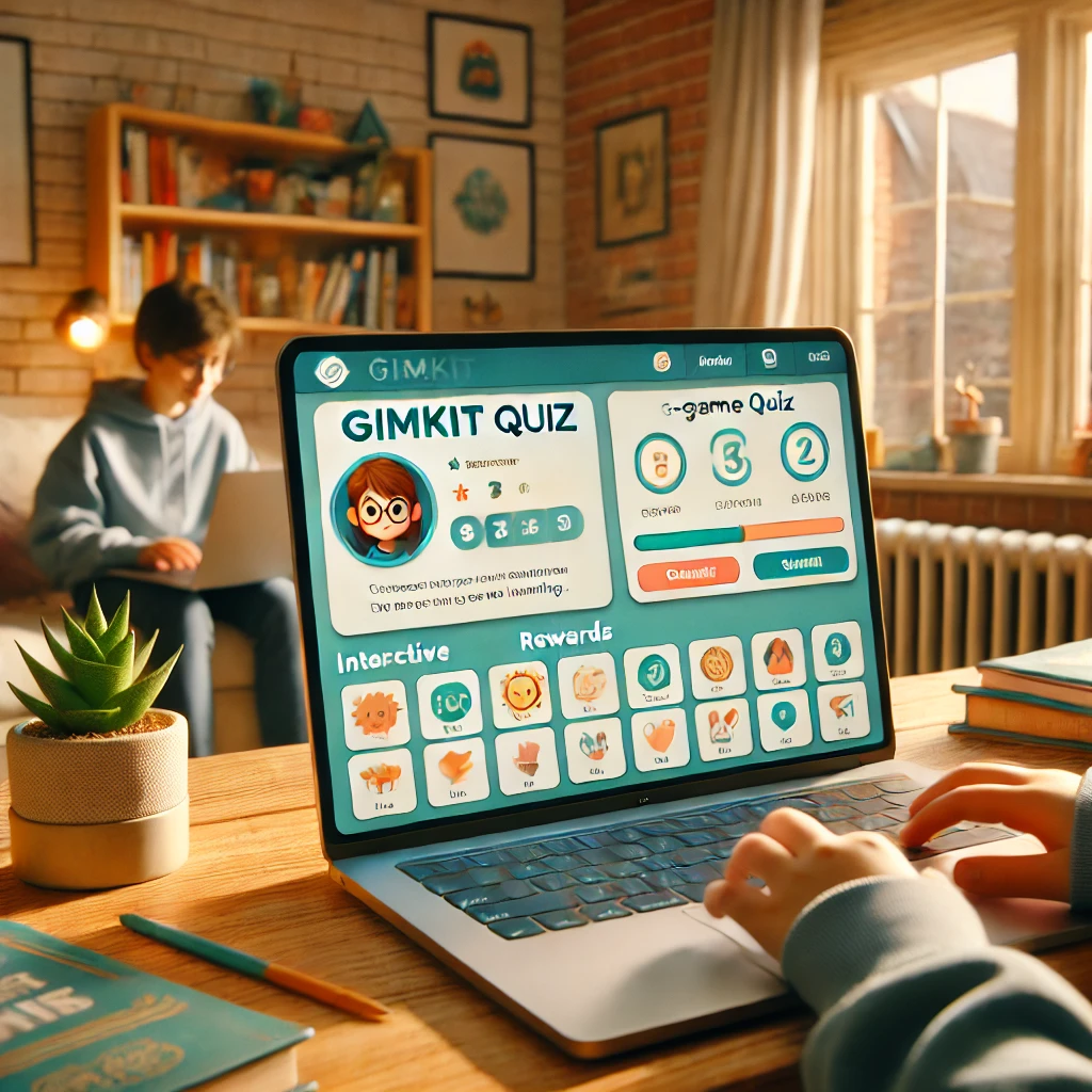 A laptop screen displaying a Gimkit quiz with interactive rewards and game mechanics, emphasizing the fun in learning