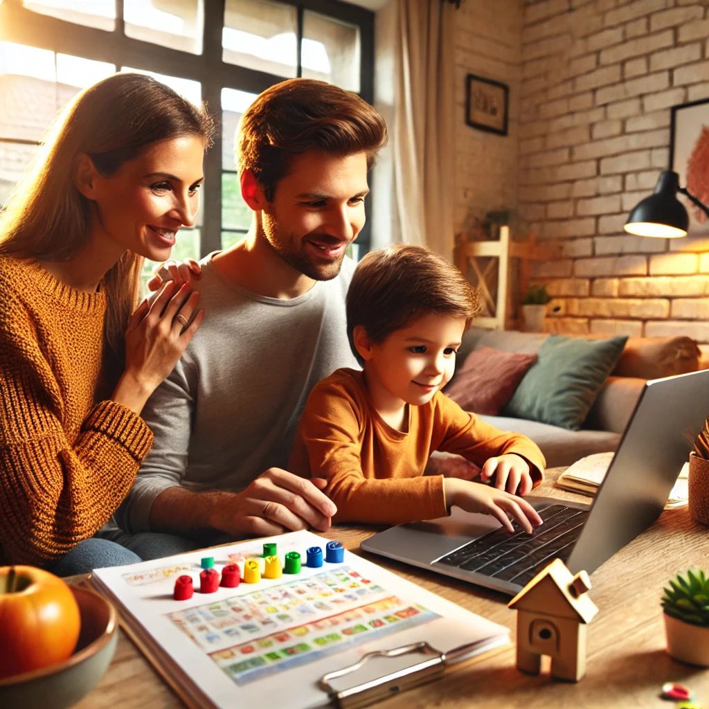 A vibrant family setting in a modern living room where a parent and child are playing an educational game on a laptop together. The child leads the session, confidently explaining the game mechanics in a warm and collaborative atmosphere