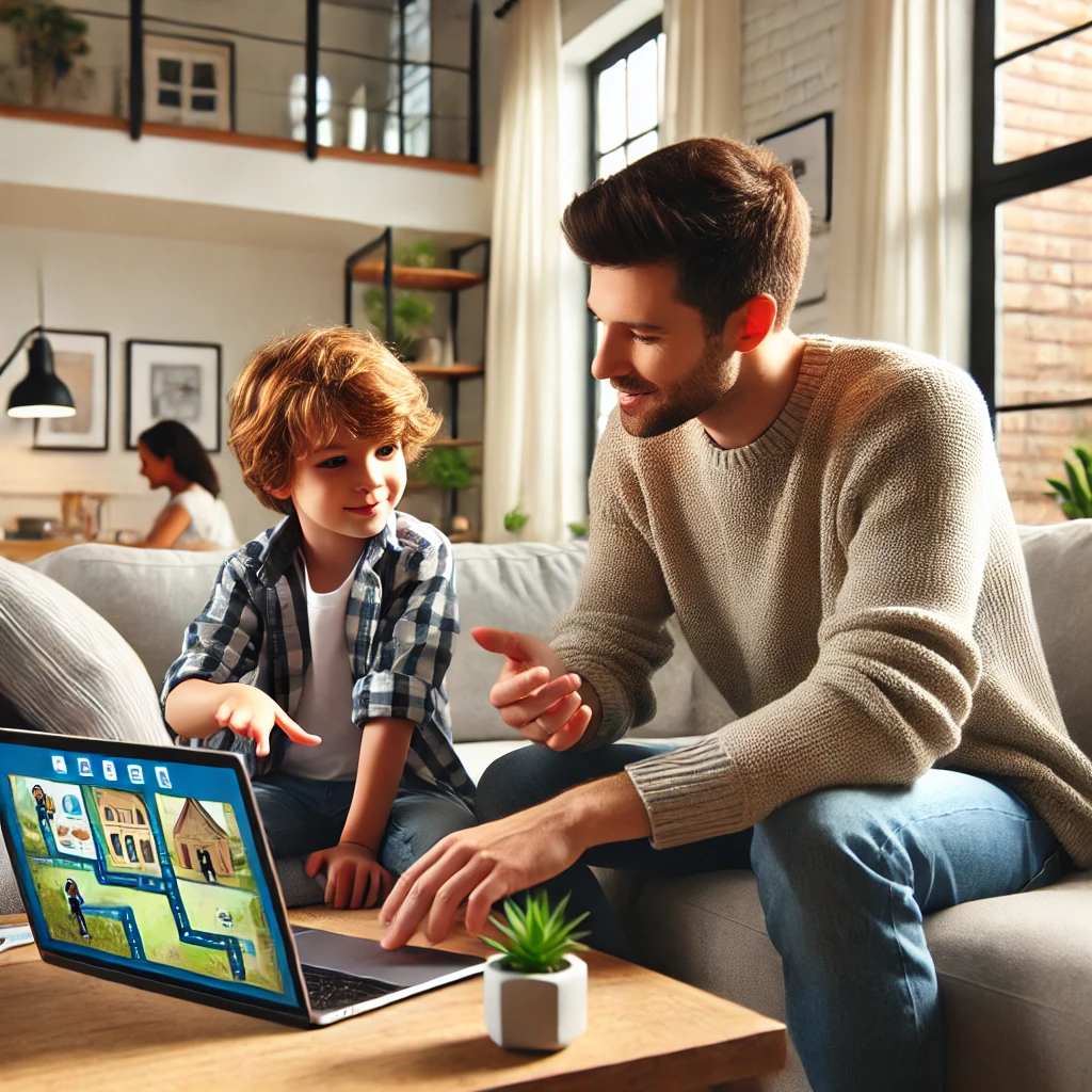 A parent setting a timer while a child uses a tablet for Gimkit, ensuring balanced screen time with an educational focus