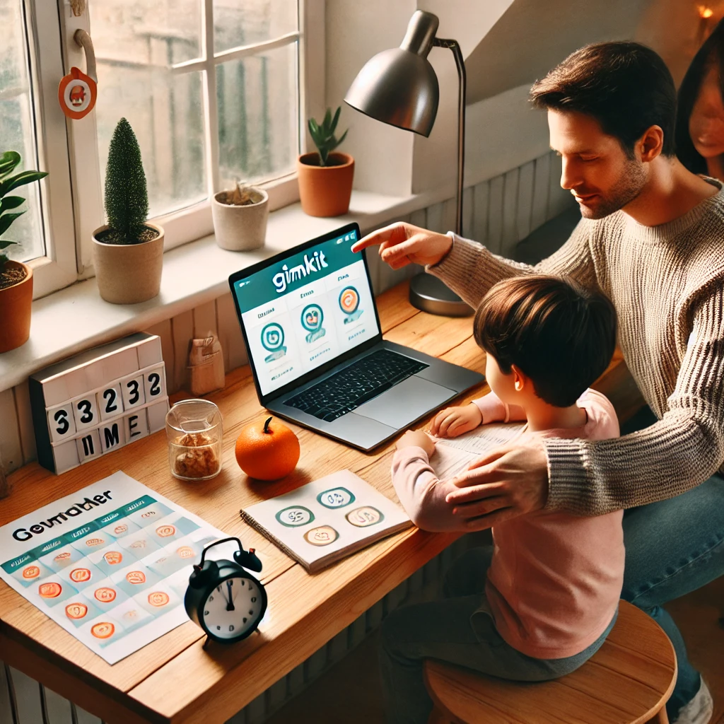 A supportive family setting where a child studies at a desk with a parent nearby, featuring a Gimkit quiz on a laptop, a reward chart, and a snack symbolizing motivation and focus