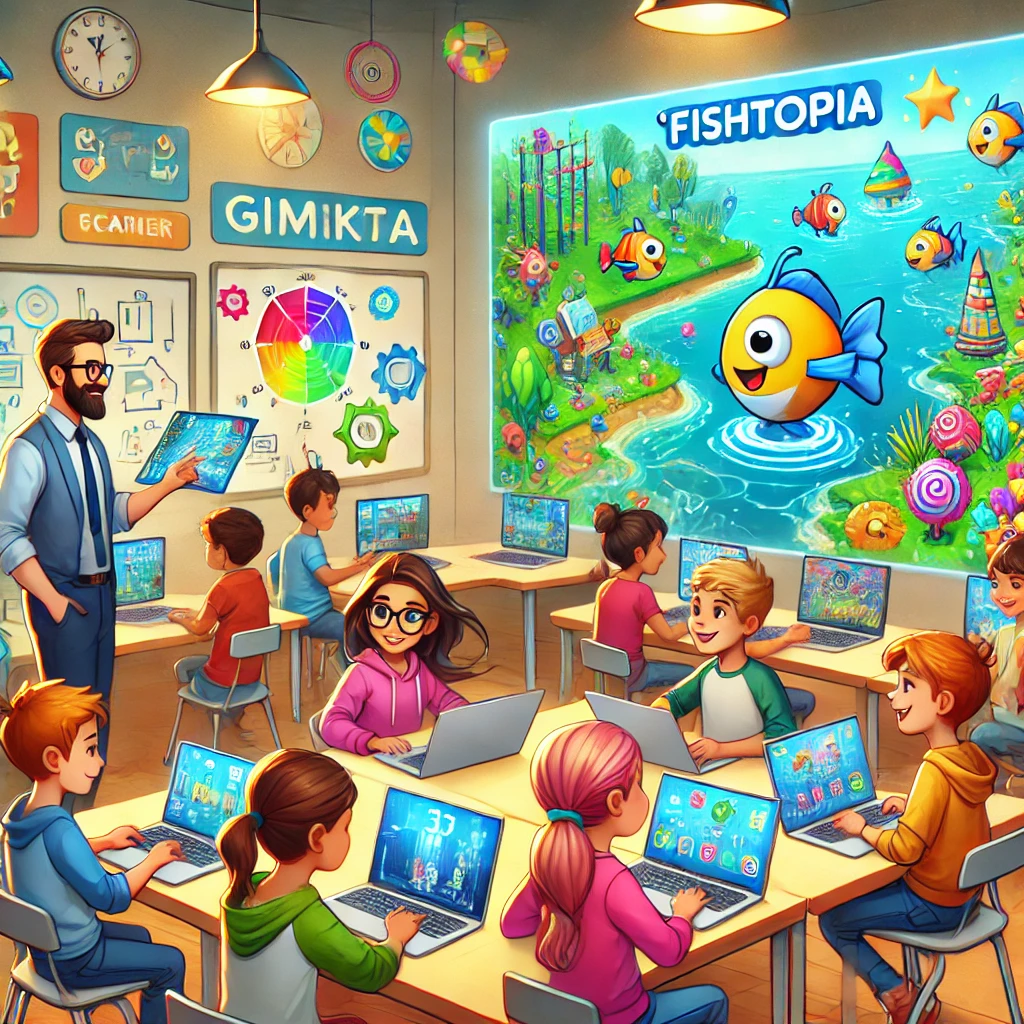 A dynamic classroom scene where children are engaged in Gimkit's Fishtopia game mode, showcasing colorful avatars and collaborative learning through technology