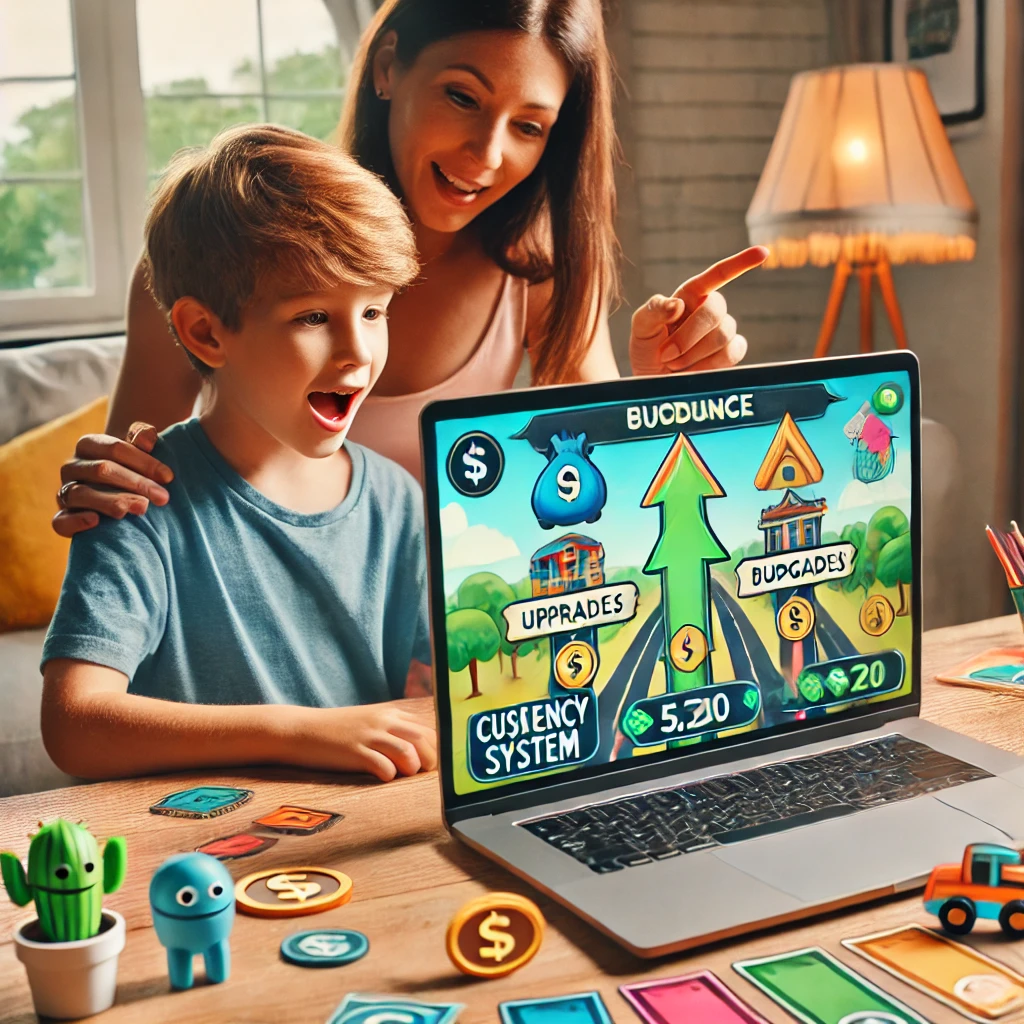 A parent and child reviewing Gimkit progress reports on a laptop, highlighting strengths and areas for improvement in a cozy home environment