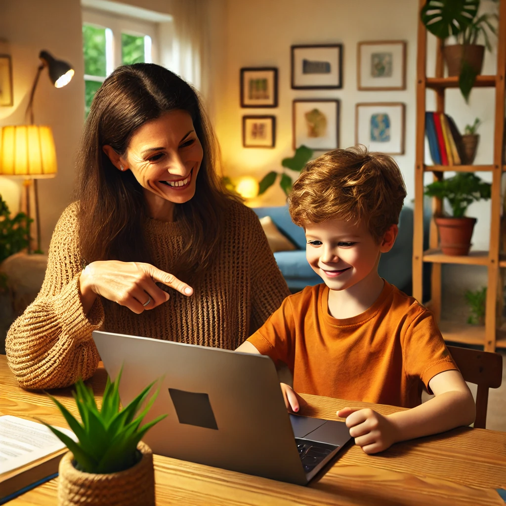 A parent and child sitting at a wooden table, engaging with Gimkit on a laptop in a cozy room with bookshelves and warm lighting, fostering a supportive learning environment