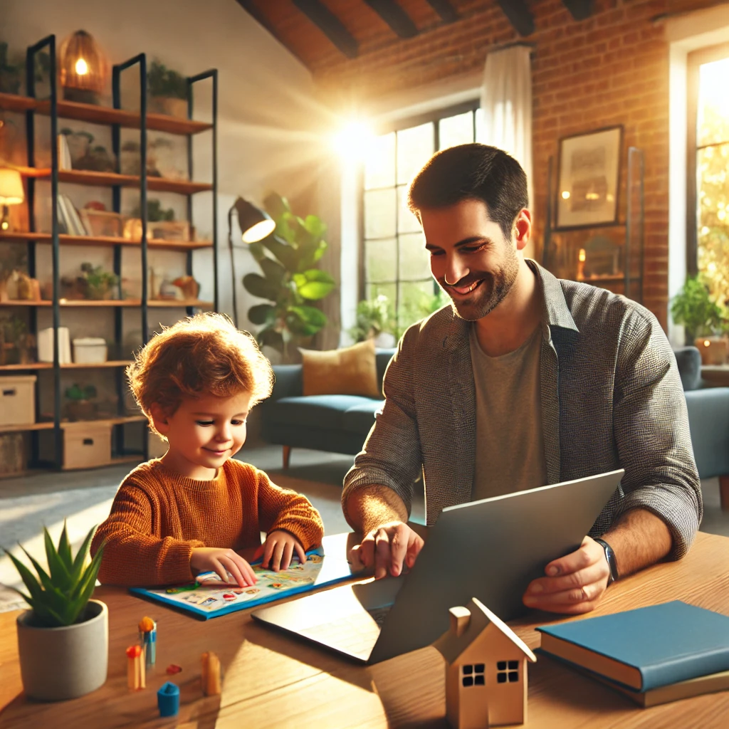 A cheerful family setting in a modern living room, where a parent and child are engaged in a fun and educational Gimkit session together