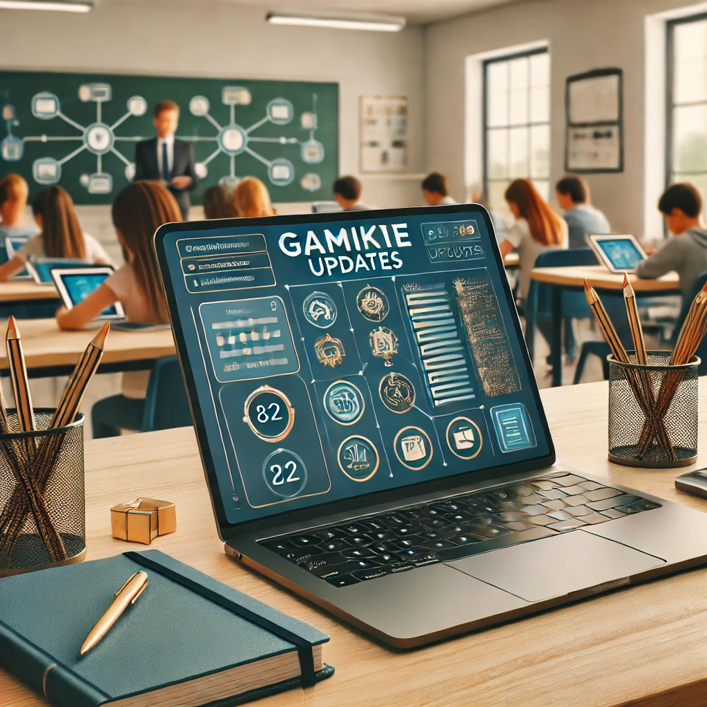 A modern teacher's desk with a laptop displaying gamified learning features, teaching materials, and a classroom background where students are engaged with tablets, emphasizing Gimkit updates for efficient teaching