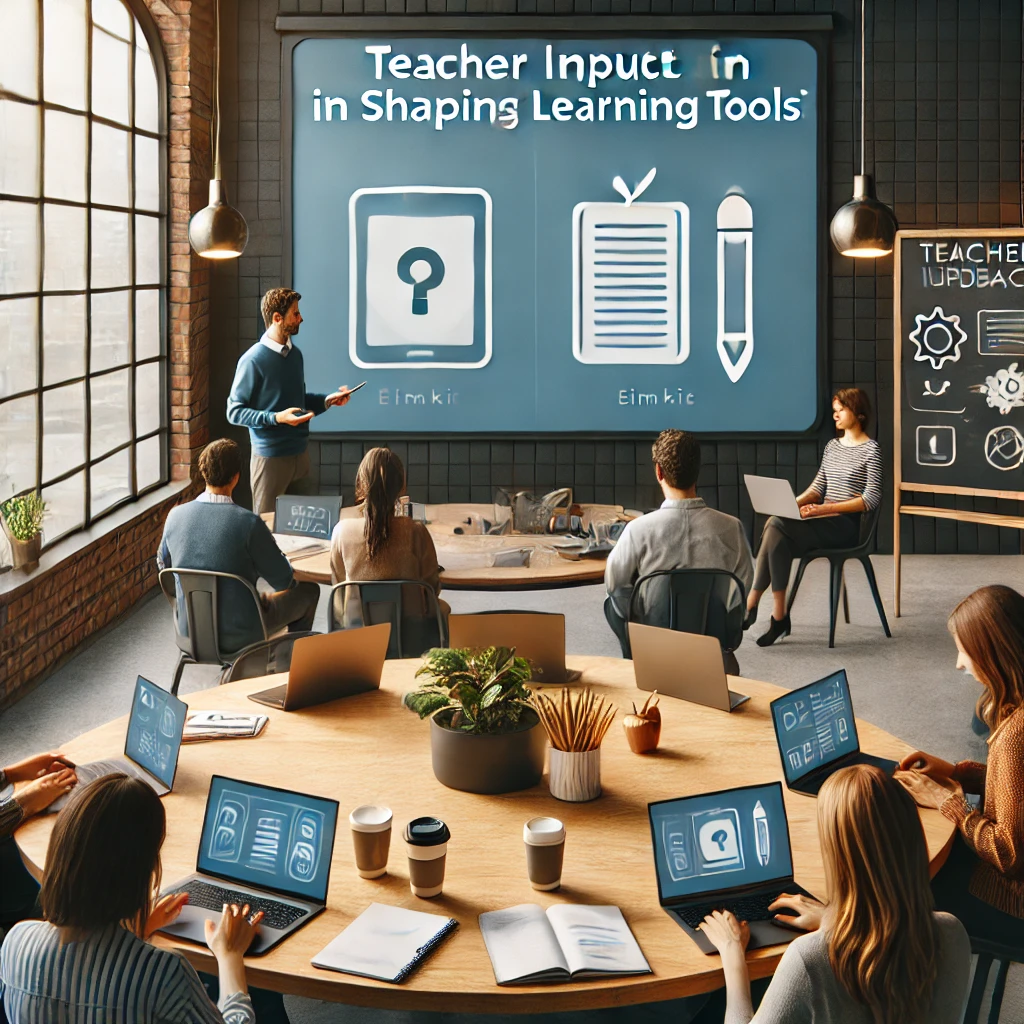 A group of teachers participating in a feedback session with laptops and notepads, discussing educational tools. A screen in the background displays a presentation, emphasizing teacher input in shaping Gimkit updates.