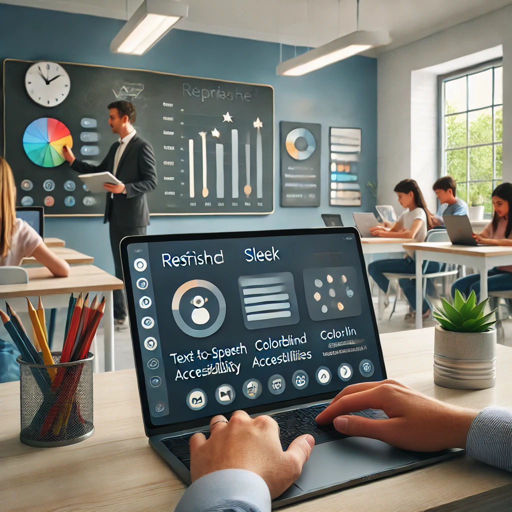 A modern classroom showcasing a teacher using a laptop with a refreshed user interface featuring text-to-speech options and colorblind-friendly designs. Students are engaged with tablets in a bright, accessible learning environment