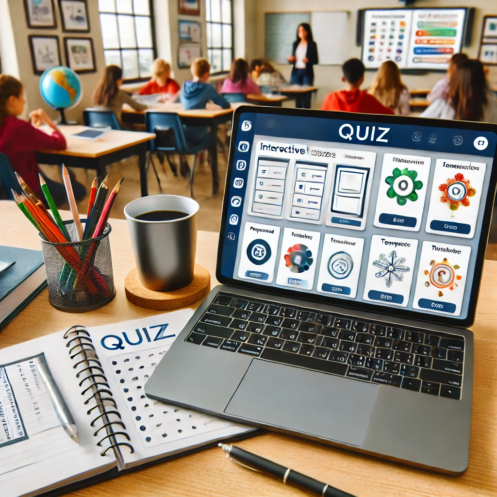 A teacher's workspace featuring a laptop displaying an interactive quiz setup with prepared templates for lesson planning, surrounded by a productive environment with notebooks and a vibrant classroom in the background