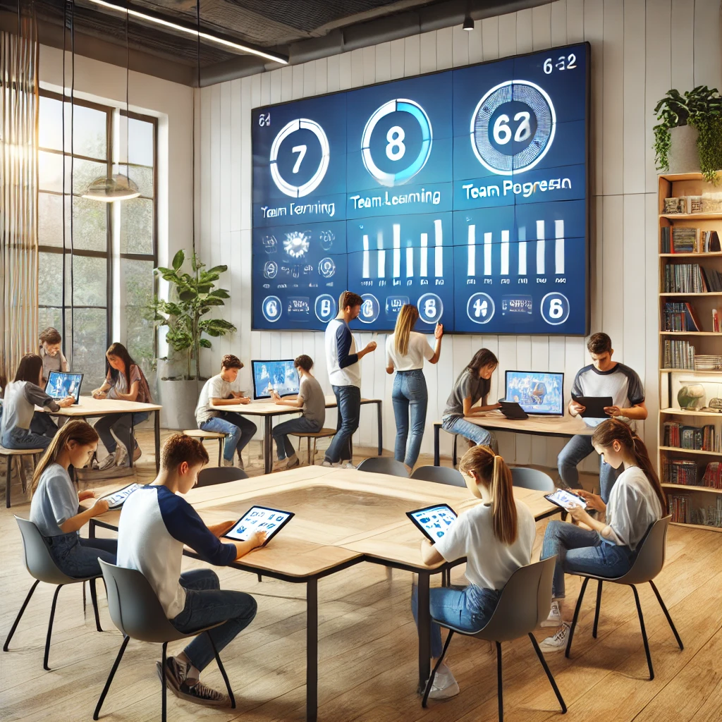 A collaborative classroom featuring students in small groups using interactive tablets, with a scoreboard displaying team progress, emphasizing gamified learning and teamwork in an engaging environment