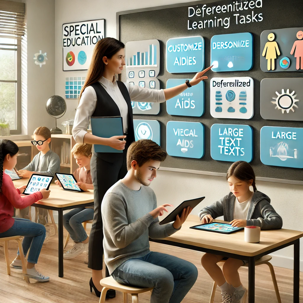  A modern classroom showcasing a teacher using a tablet to assist students with personalized tasks, including visual aids and special education tools like large text displays, creating an inclusive environment