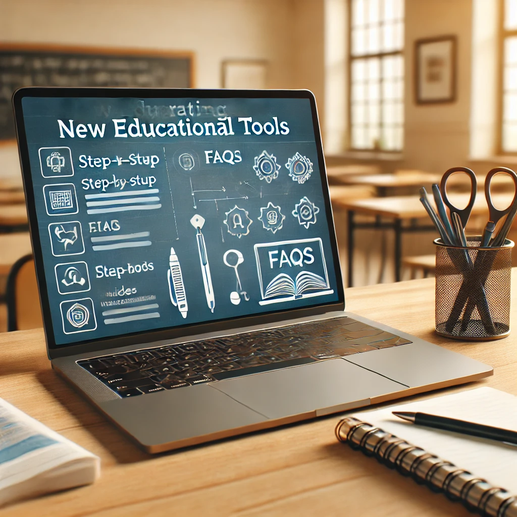 A teacher's workspace featuring a laptop displaying tutorials on new educational tools, with a notebook and pen for notes. The background shows a professional classroom setting, emphasizing effective teaching preparation