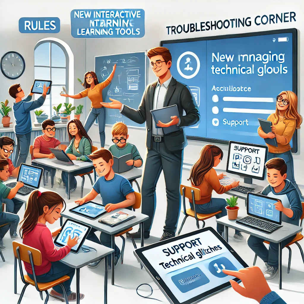 A dynamic classroom featuring a teacher calmly managing students using new interactive learning tools on tablets. A troubleshooting corner with a laptop open to a support page emphasizes readiness for managing disruptions