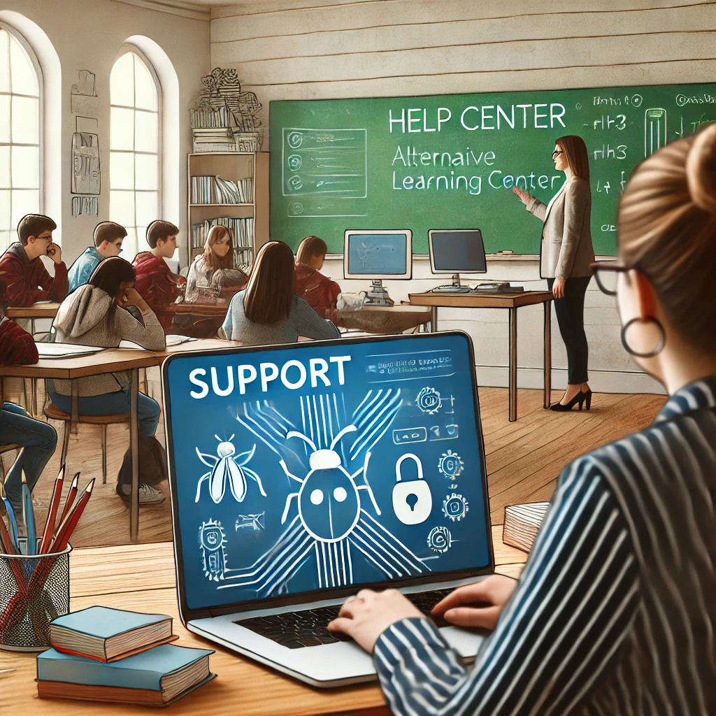 A classroom where a teacher troubleshoots a technical issue on a laptop displaying a support page, while students engage in alternative activities like reading and group discussions, emphasizing preparedness for technical challenges