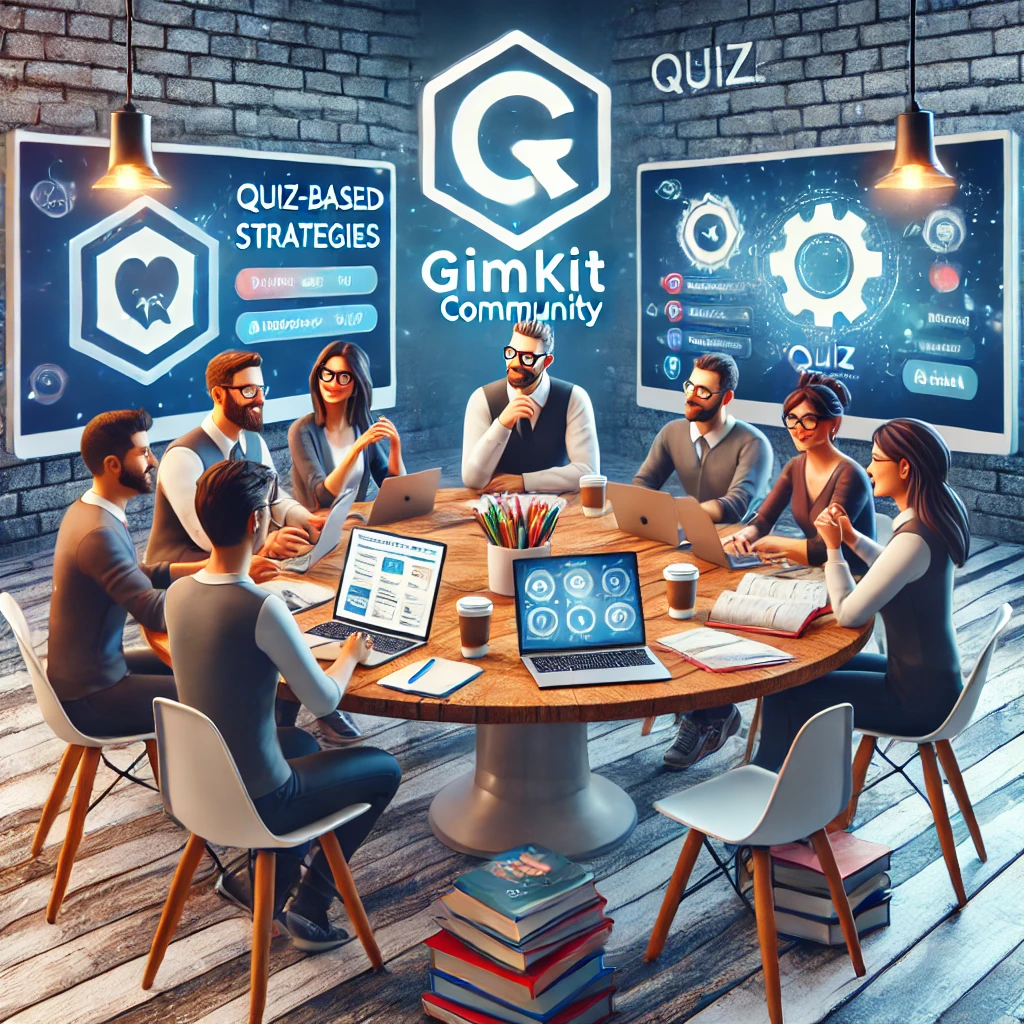 A collaborative setting with teachers and gamers discussing Gimkit strategies around a table with laptops, notebooks, and coffee cups, highlighting mutual collaboration and gamified learning innovation