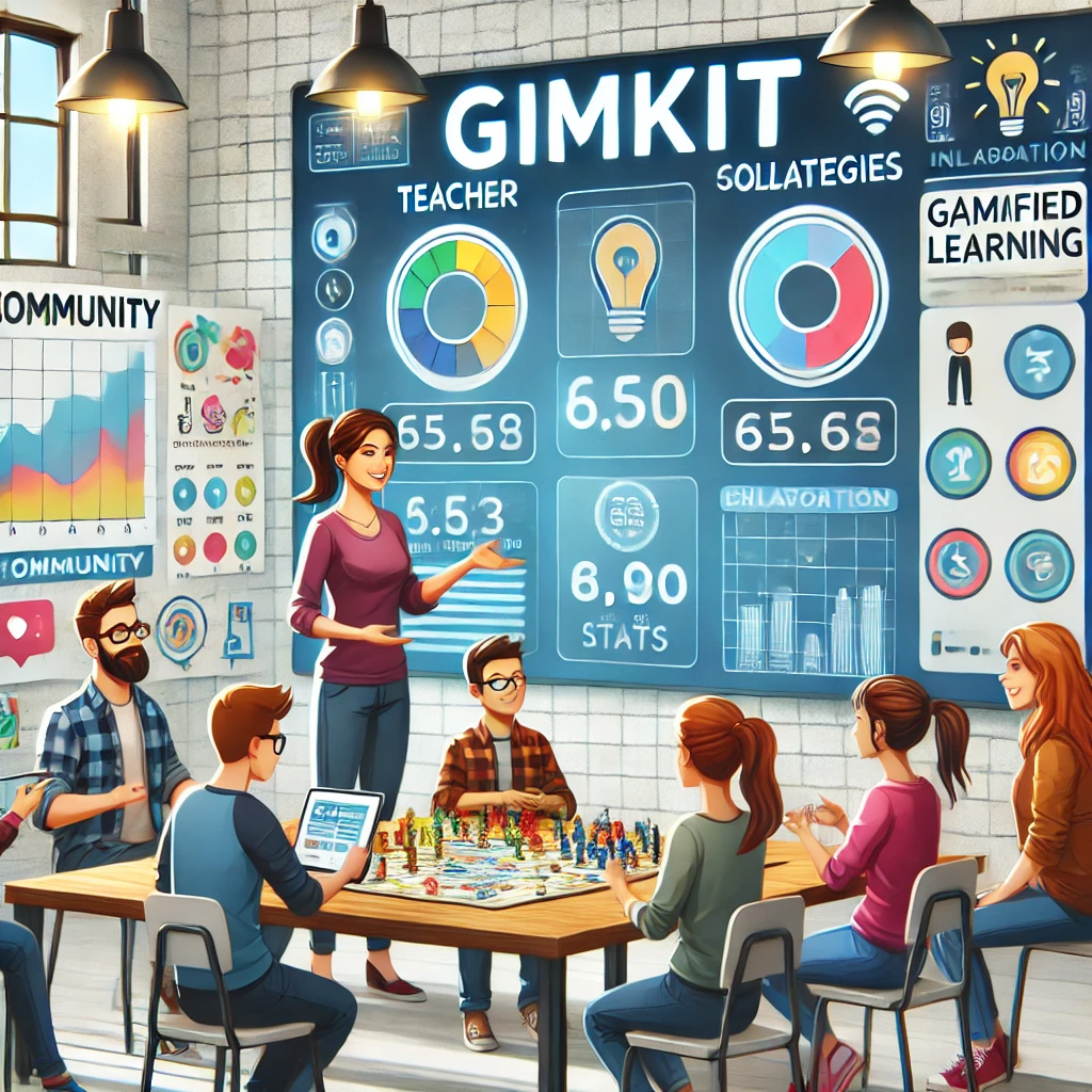 An engaging scene with teachers and gamers exchanging ideas about Gimkit, featuring a digital board displaying gameplay stats, emphasizing collaboration and innovation in gamified learning