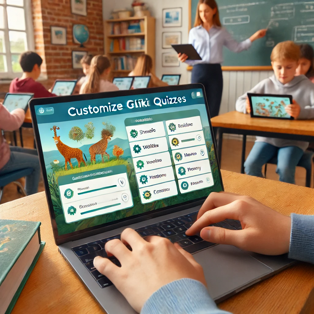 A teacher customizing Gimkit quizzes on a laptop with personalized topics like wildlife and history, while students actively participate using tablets in a bright and interactive classroom setting