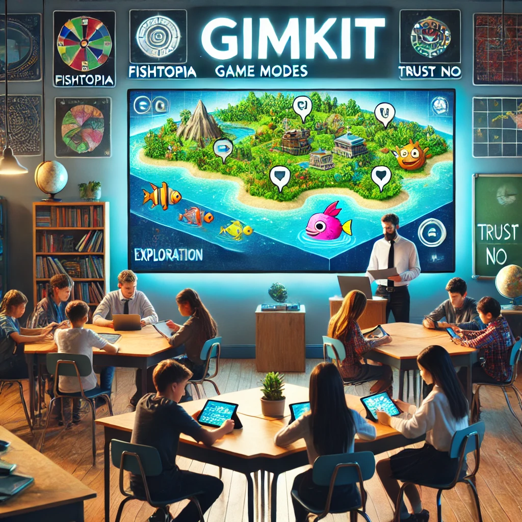 A vibrant classroom with students participating in Gimkit game modes like Fishtopia and Trust No One, collaborating in small groups with tablets and a digital screen displaying a learning map