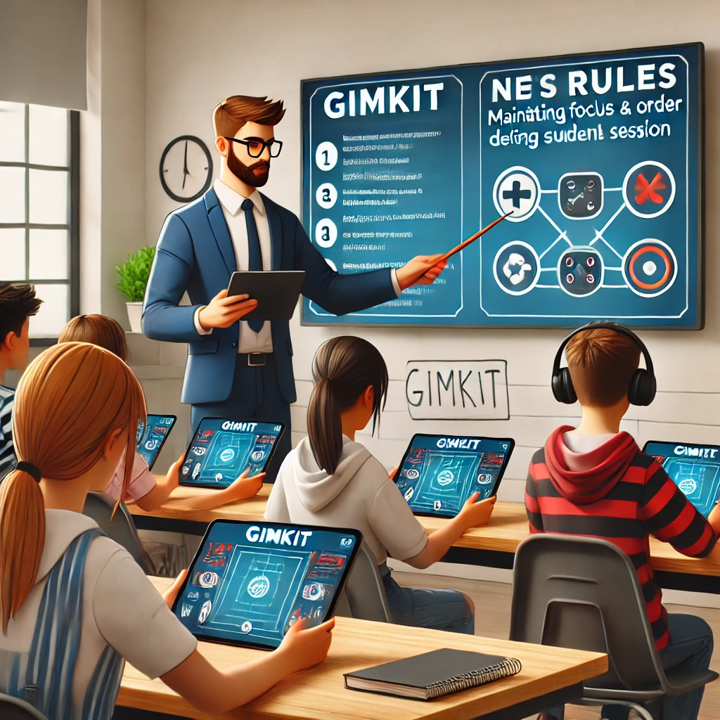 A tech-friendly classroom where a teacher sets rules before a Gimkit session, with students seated with tablets and a screen displaying gameplay guidelines, emphasizing focus and order during competitive activities