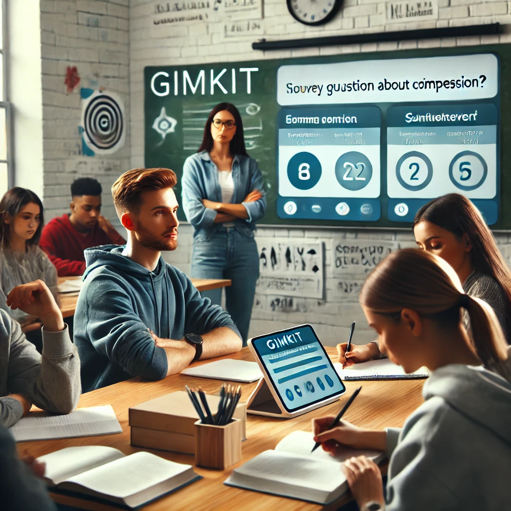 A collaborative classroom where students provide feedback to their teacher after a Gimkit session, with the teacher taking notes and a digital screen displaying survey questions, emphasizing student involvement and session improvement