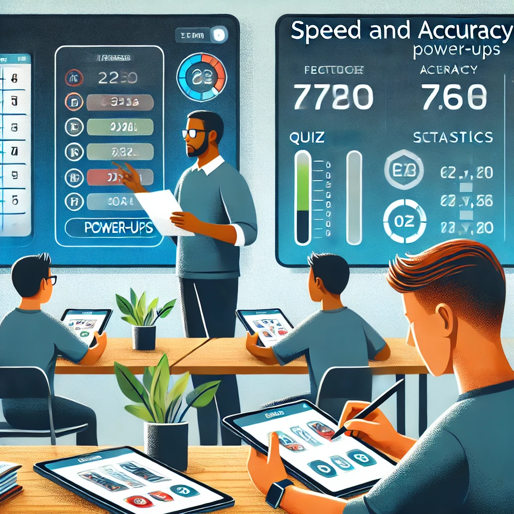 A classroom scene featuring students practicing speed and accuracy on Gimkit using tablets, with a teacher guiding a student with flashcards and a digital screen displaying quiz statistics for focused learning