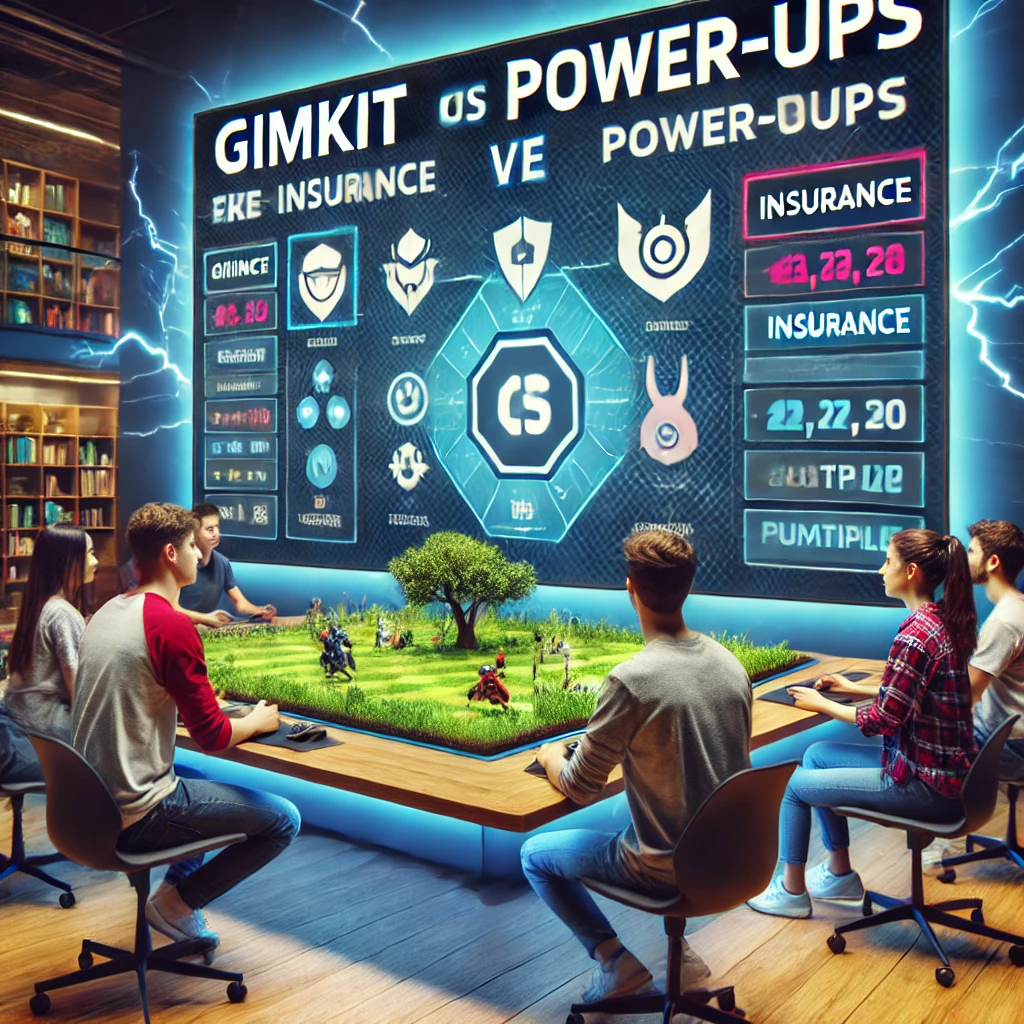 A gaming setup featuring a digital screen displaying Gimkit power-ups like 'Insurance' and 'Multiplier,' with students collaborating in pairs to discuss strategies for competitive gameplay.