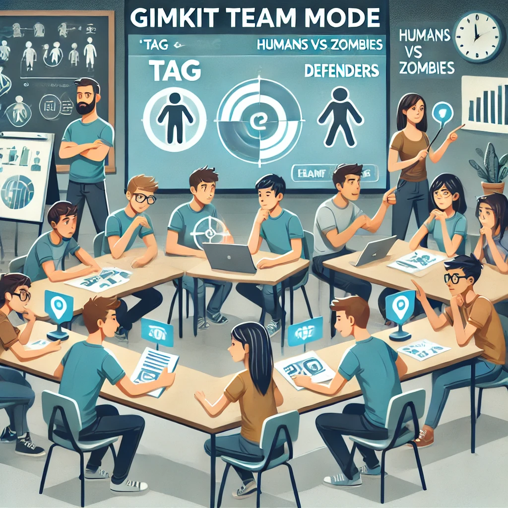 A collaborative classroom featuring students engaged in Gimkit team modes like 'Tag' or 'Humans vs. Zombies,' grouped around tables discussing strategies and roles, with a digital screen displaying team rankings