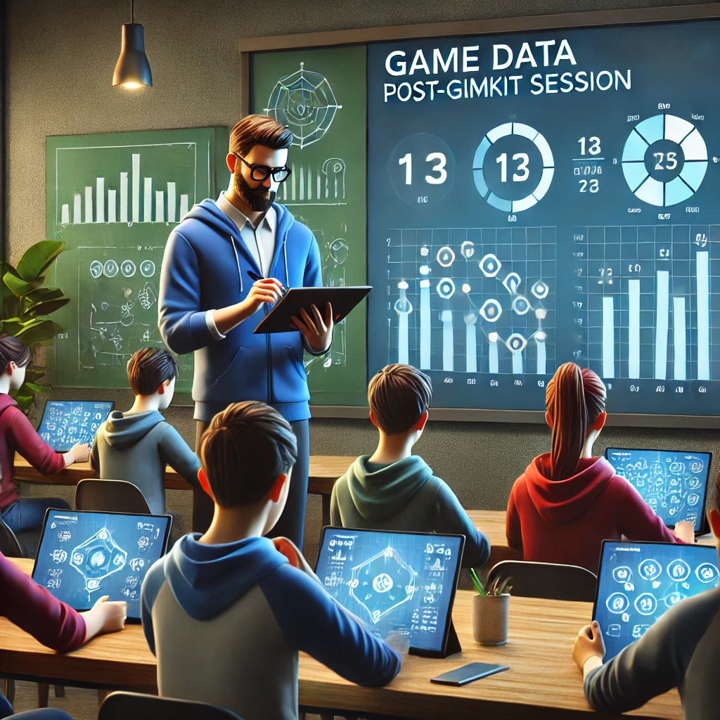 A classroom where students and a teacher analyze game data post-Gimkit session, with a digital screen displaying performance stats and students reviewing results on tablets, emphasizing strategic analysis and learning improvement