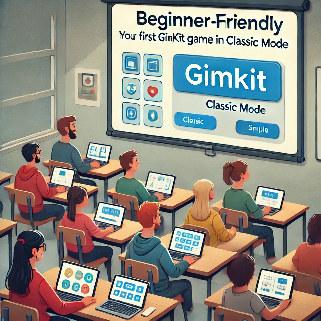 A beginner-friendly classroom scene with a teacher setting up their first Gimkit game in Classic mode on a laptop, students seated with tablets, and a digital screen displaying the game interface, emphasizing simplicity for new users