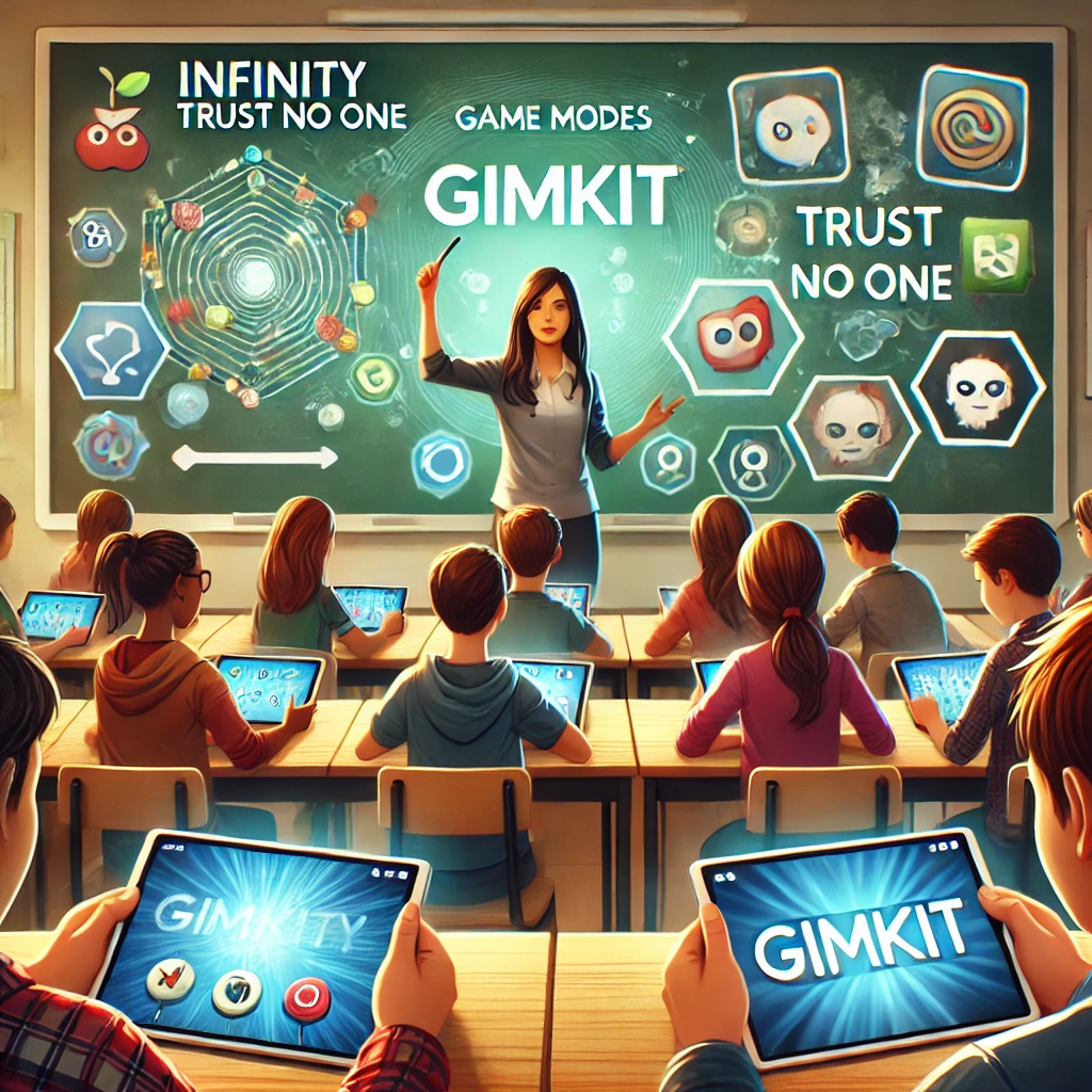 A dynamic classroom with a teacher introducing Gimkit game modes like Infinity and Trust No One on a digital screen, while students engage with tablets, highlighting the diversity of modes for education and fun