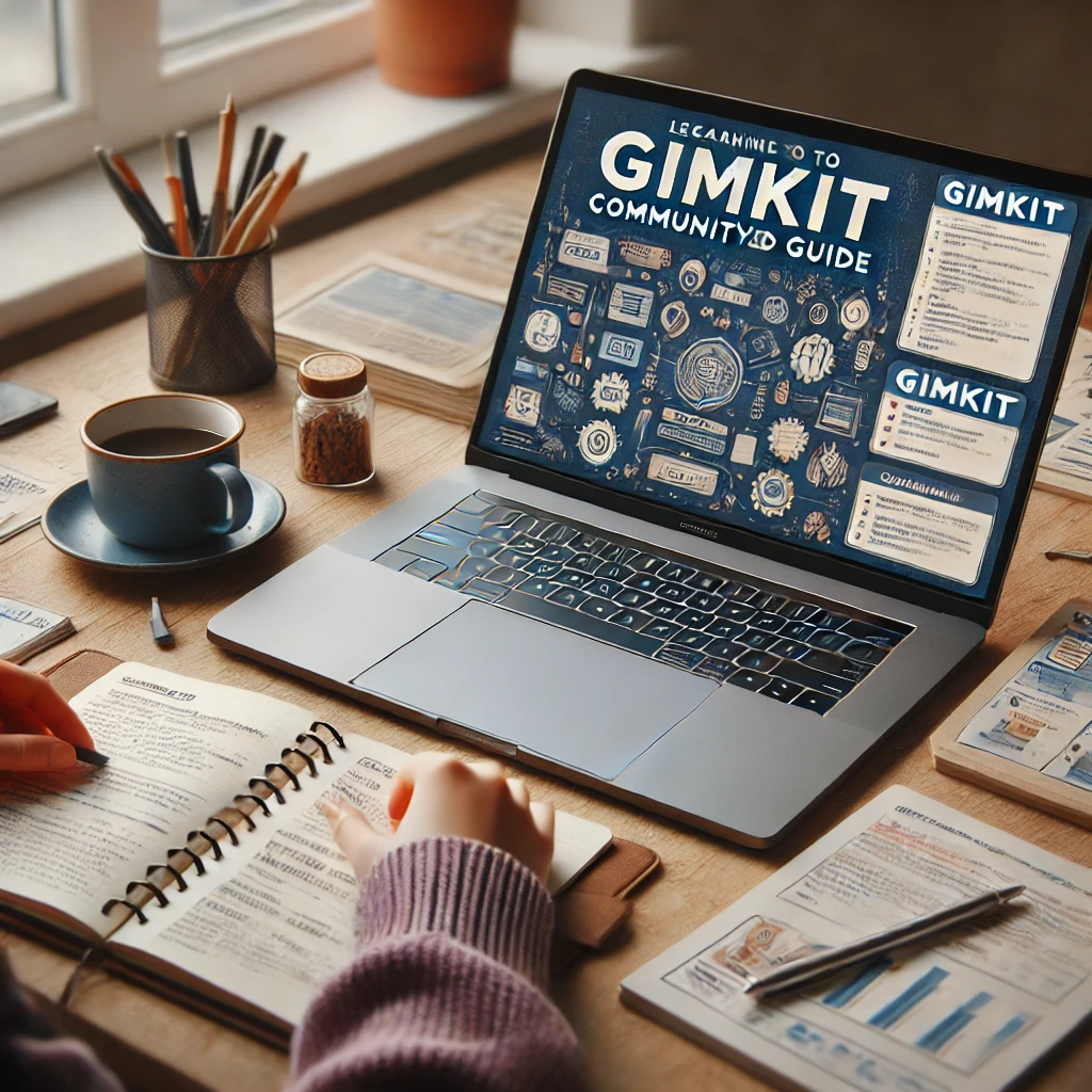 A cozy workspace featuring a laptop displaying a Gimkit community-created guide, with notepads, pens, and a coffee cup, highlighting the value of community resources for mastering Gimkit strategies