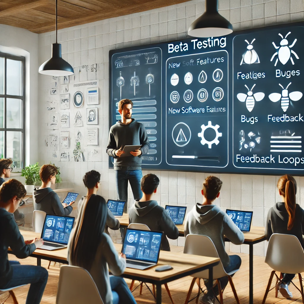 A modern educational setting where a teacher explains beta testing to students using a digital smartboard displaying icons for new software features, bugs, and feedback loops. Students are engaged, taking notes on tablets and laptops in a tech-focused classroom