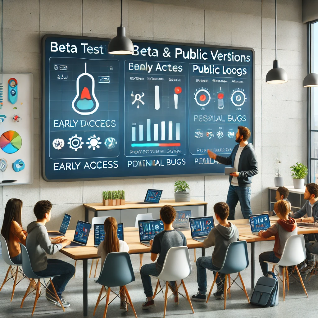 A modern educational workspace where a teacher reviews beta testing data on a large digital screen. The screen highlights differences between beta and public versions, including early access, potential bugs, and feedback loops. Students are engaged with laptops and tablets, taking notes and discussing key insights