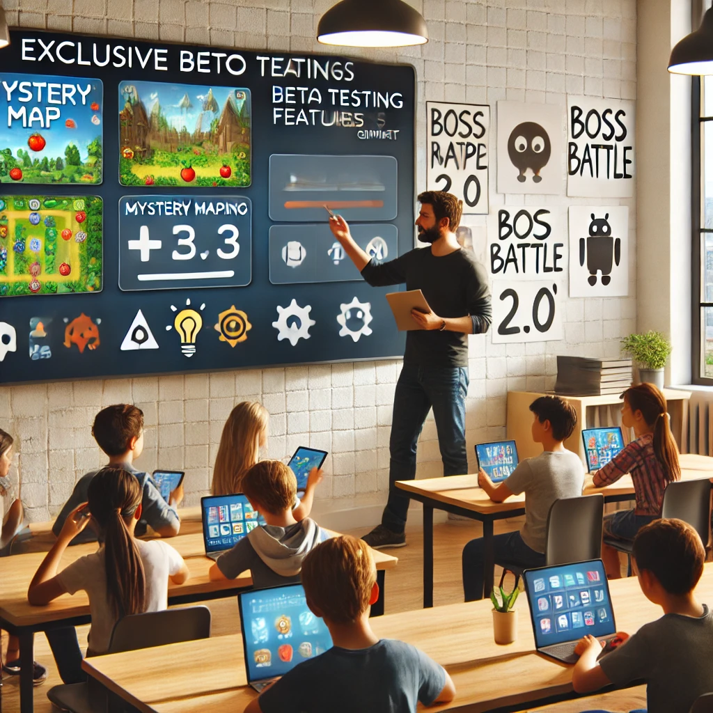 A modern classroom where a teacher is introducing exclusive Gimkit beta testing features. The smartboard displays upcoming game modes like "Mystery Map" and "Boss Battle 2.0," while students actively engage using tablets and laptops. The tech-friendly environment promotes collaborative learning and interactive discussions