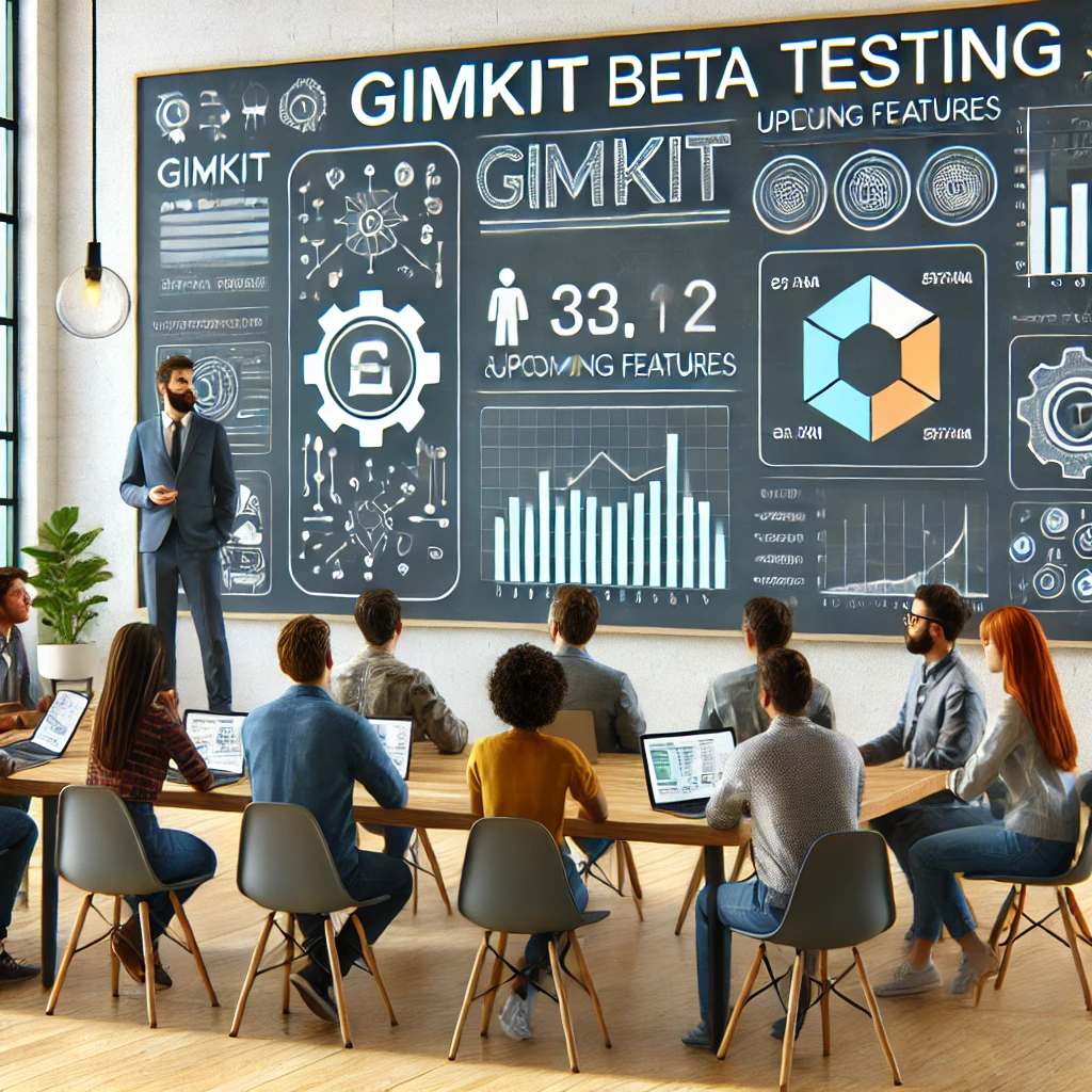 A modern educational community forum where educators and developers are discussing Gimkit beta testing. The setting includes a large digital screen displaying Gimkit analytics and upcoming features, with participants taking notes and engaging in discussions